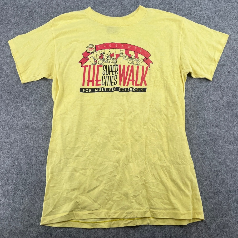 Vintage Super Cities Walk T Shirt Mens Large Yellow Single Stitch Six Flags USA